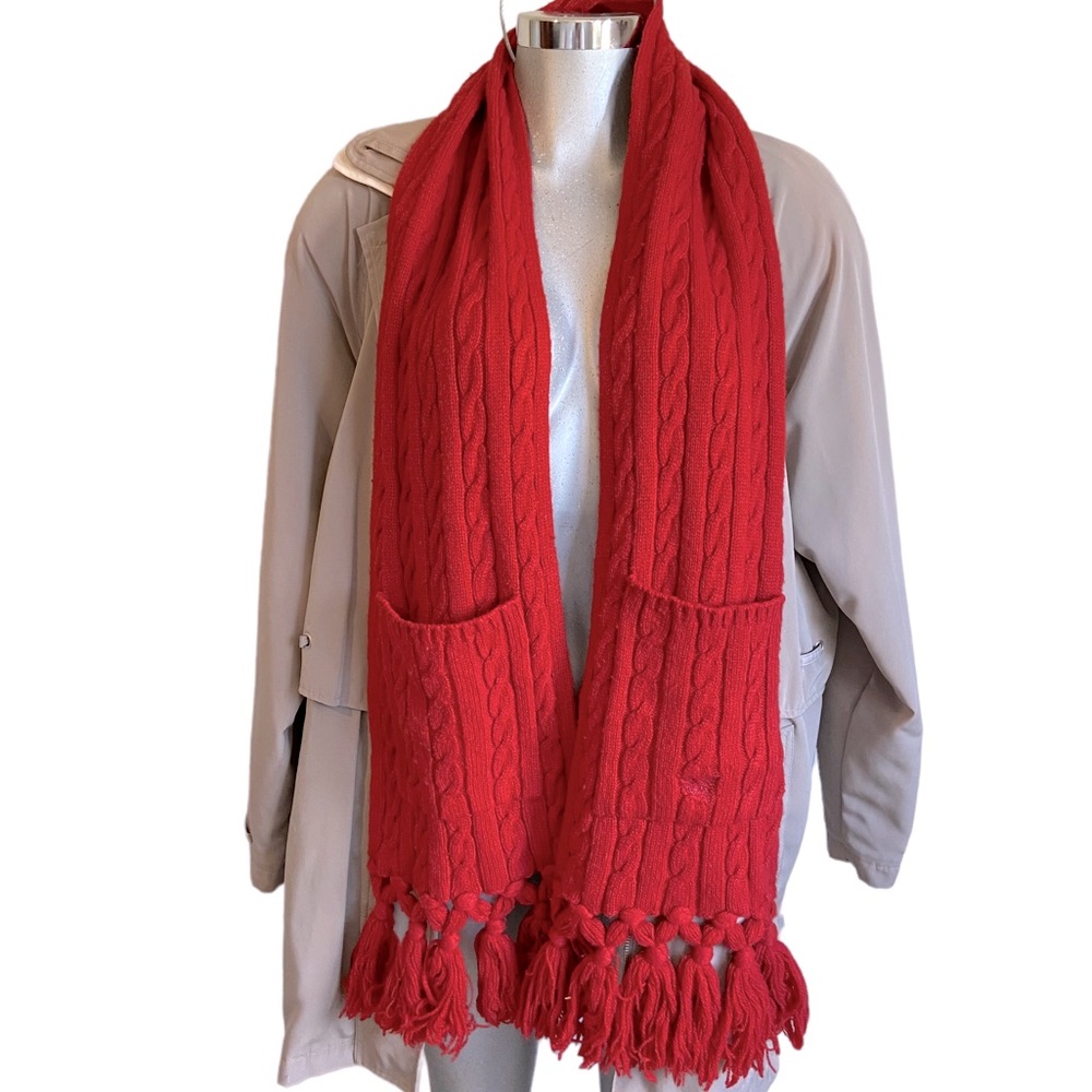 American Living Red Cable Knit Wool Blend Scarf Pockets Fringe Neckwear Ribbed